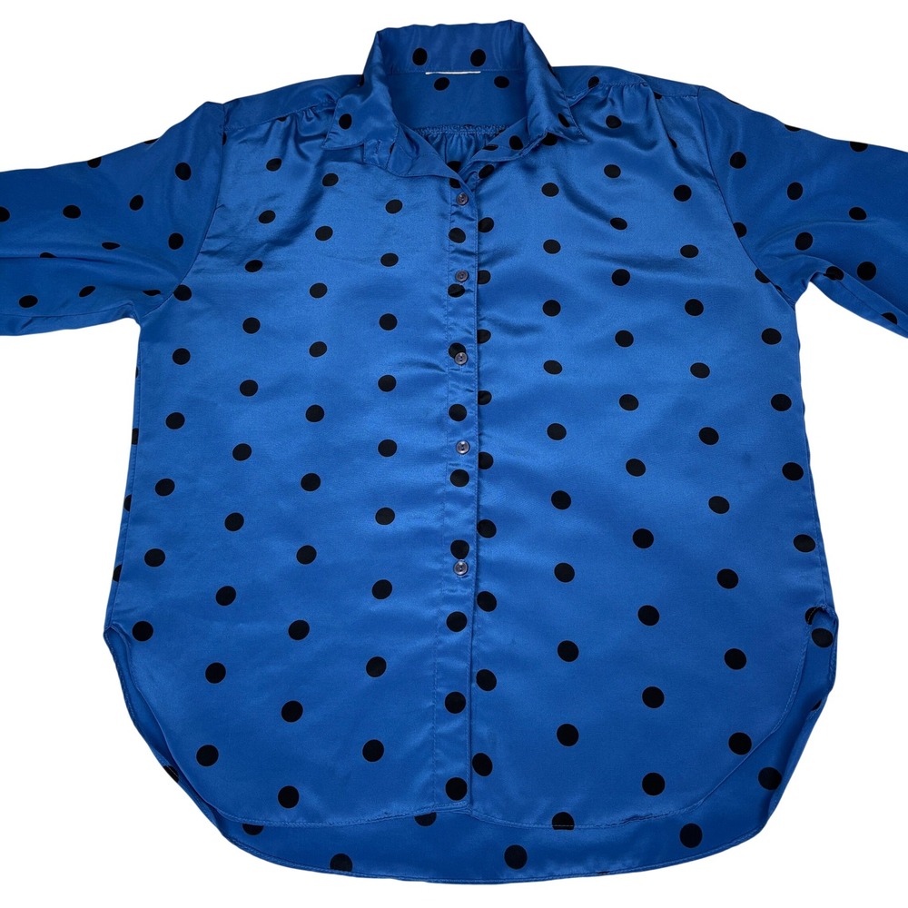 Blue Black Polka Dot Button Front Tunic Blouse Long Sleeve Roll Tab XL - Picture 9 of 12